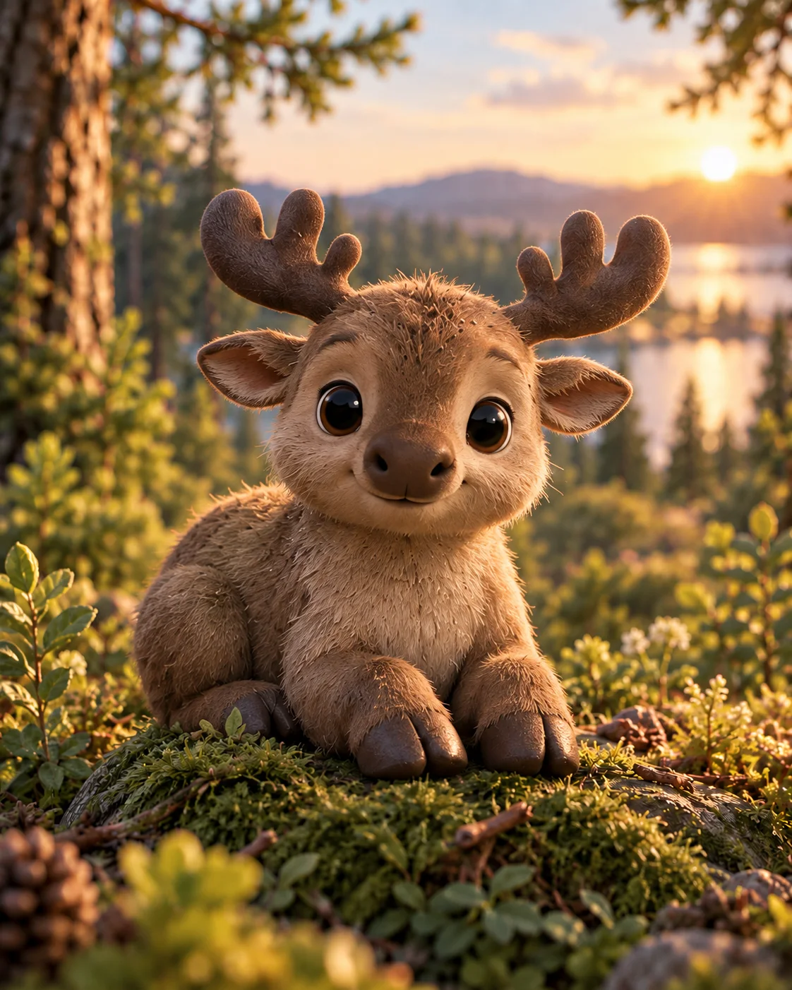 Birk, en ung älg med mjuk brun päls, stora öron och små sammetslena horn, ligger på mossan.