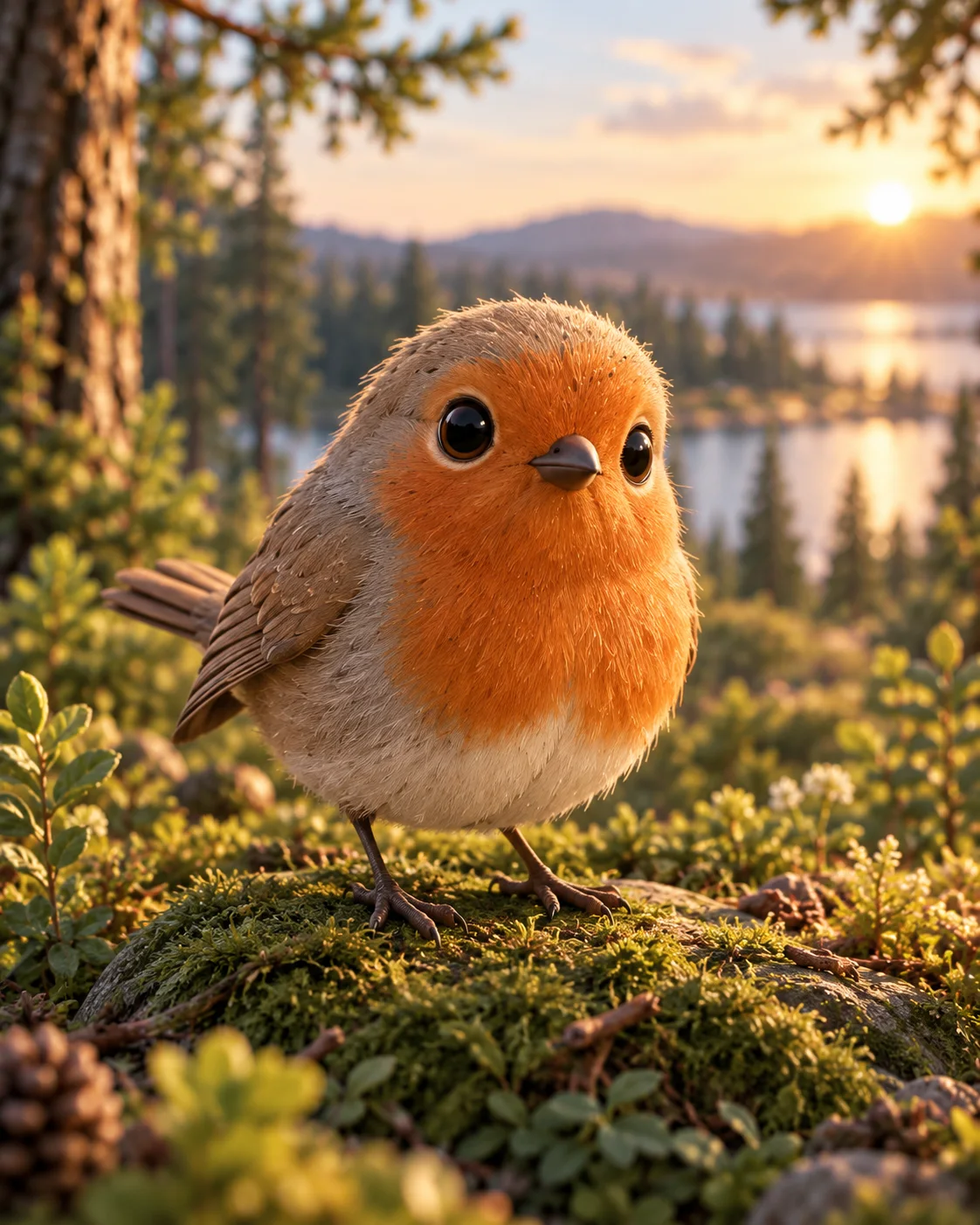 Joel, en liten rund rödhake med orangeröd bröstfjäderdräkt och gråbrun rygg, står på mossan i kvällsljus vid sjön.